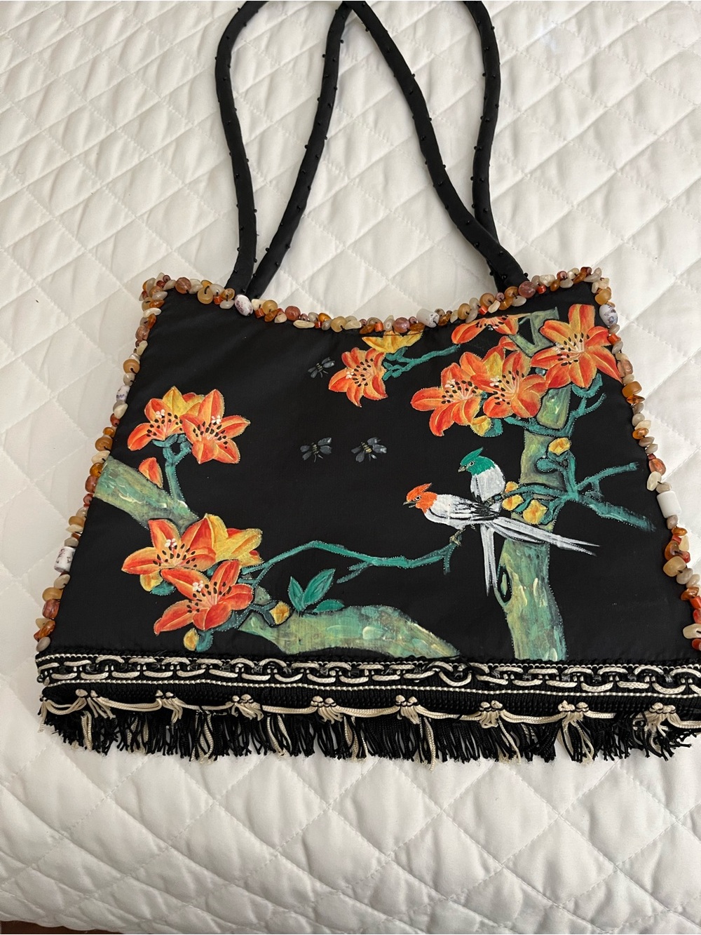 Mary Frances Black Floral Beaded Shoulder Bag with Fringe